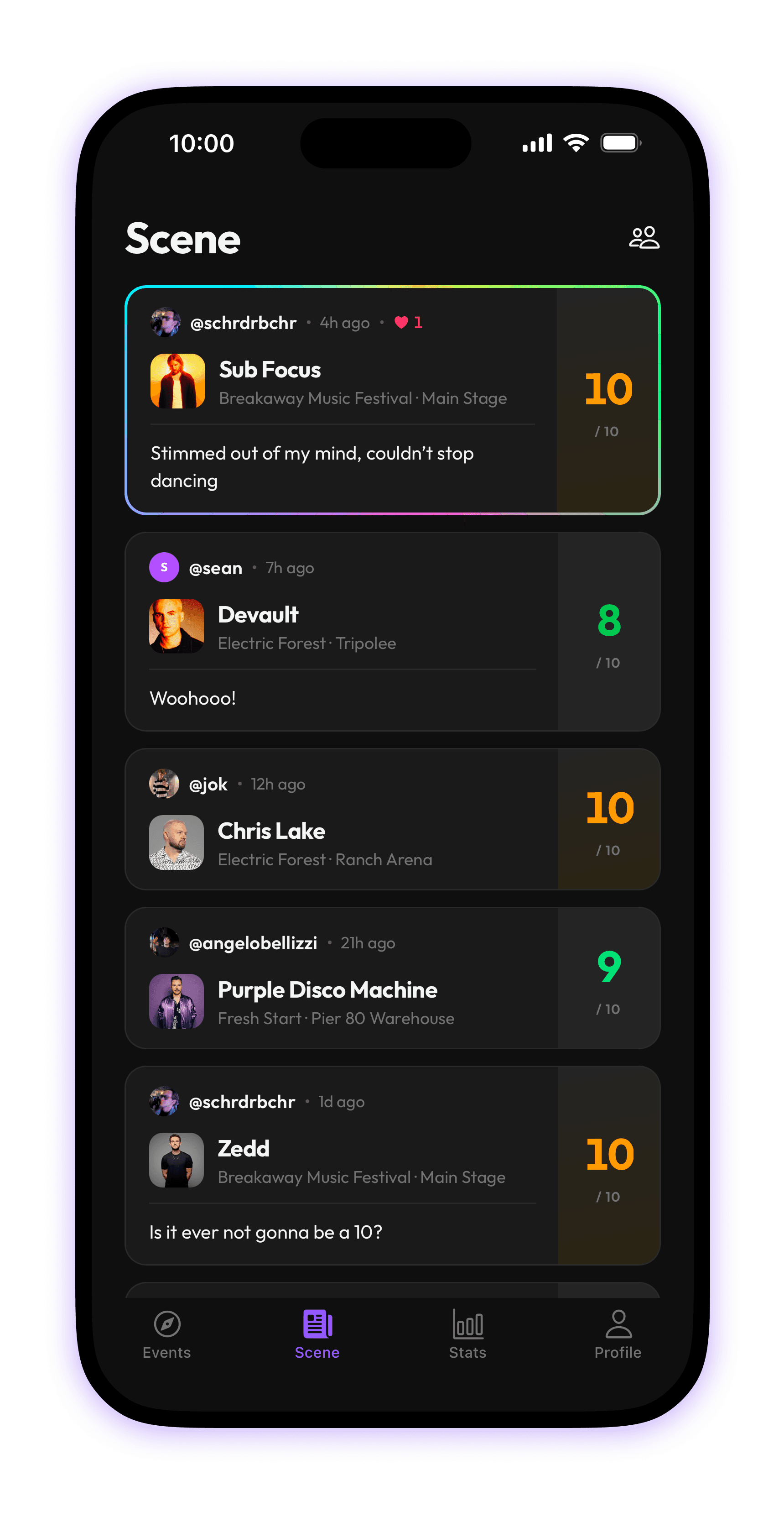 Scene feed of friends’ reviews for sets they attended.